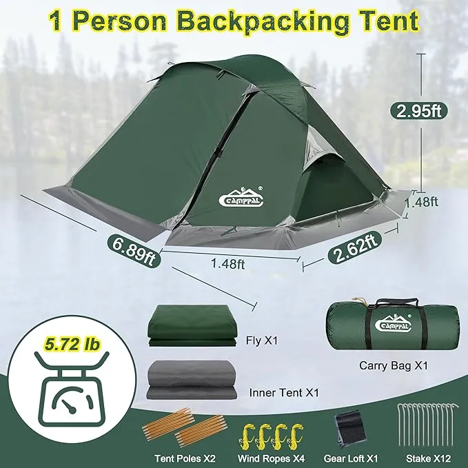1 Person Backpacking Tent, Waterproof 4 Seasons Tent, Ultralight Cold Weather Tent Easy Setup for Winter Hiking, Camping, Hunting