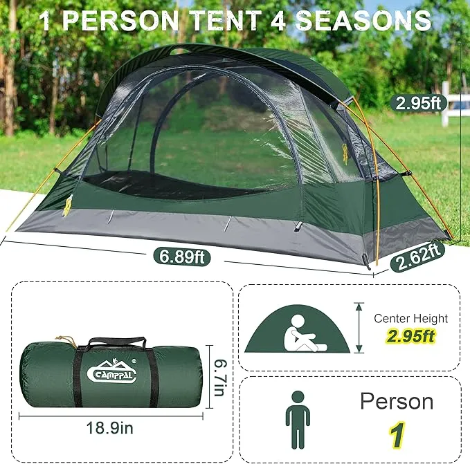 1 Person Backpacking Tent, Waterproof 4 Seasons Tent, Ultralight Cold Weather Tent Easy Setup for Winter Hiking, Camping, Hunting