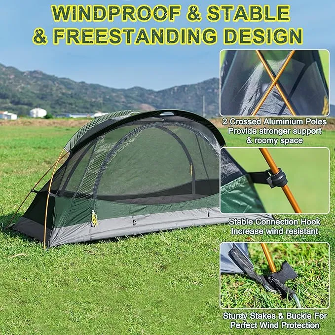 1 Person Backpacking Tent, Waterproof 4 Seasons Tent, Ultralight Cold Weather Tent Easy Setup for Winter Hiking, Camping, Hunting