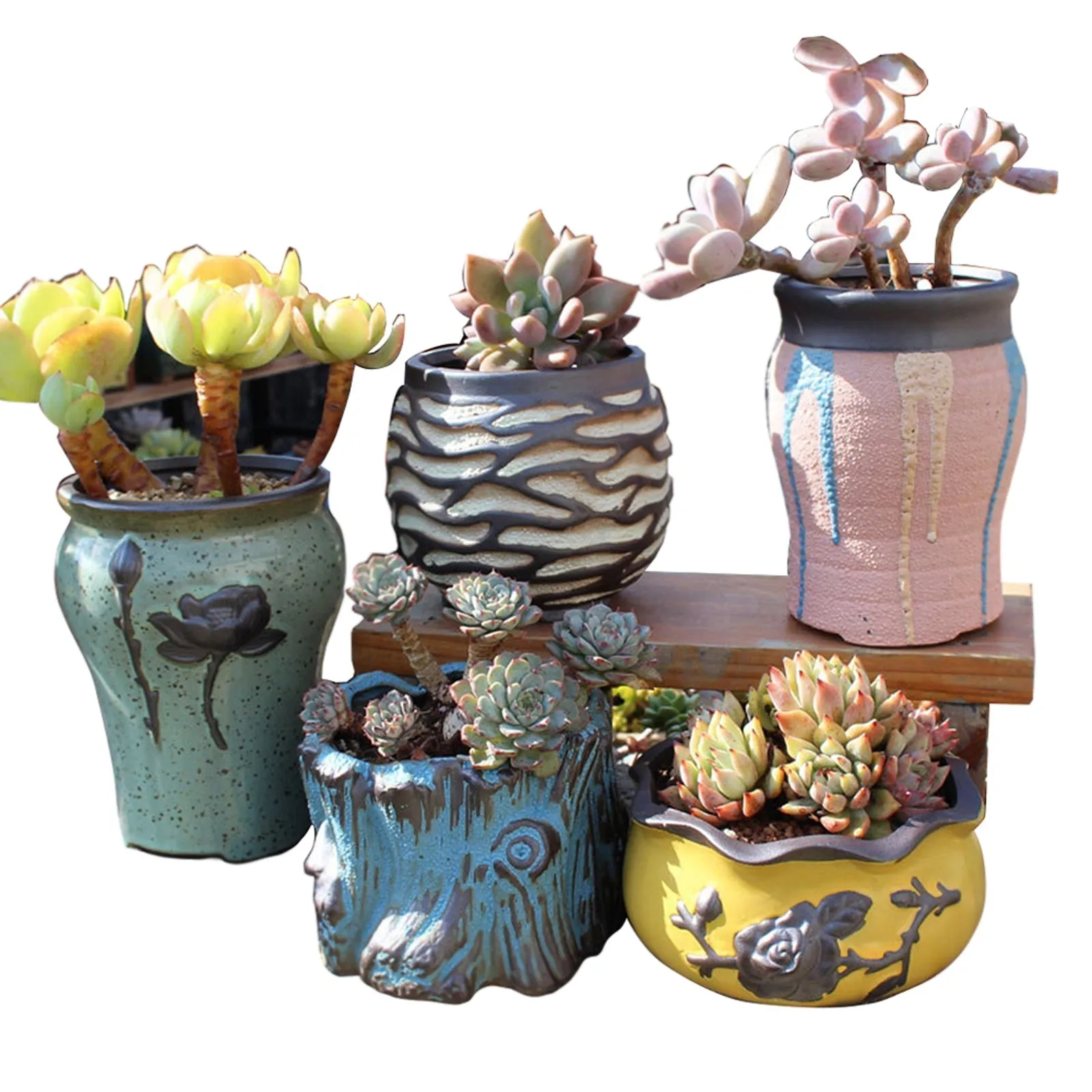 4/5/6 Pots Set Ceramic Clay Pottery Pots | Succulent Flower Planter, Draining Hole (Style 03# 5 Pots Set)