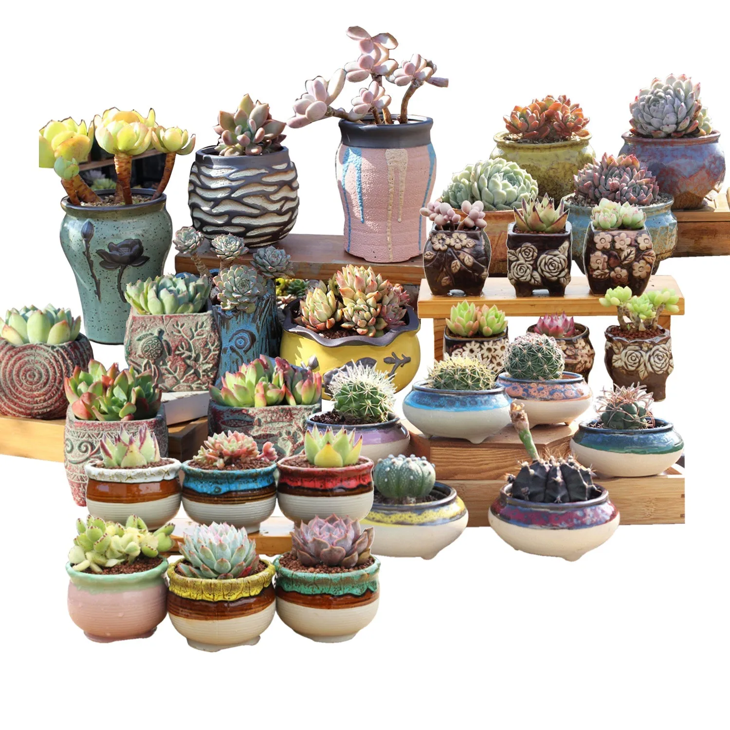4/5/6 Pots Set Ceramic Clay Pottery Pots | Succulent Flower Planter, Draining Hole (Style 03# 5 Pots Set)