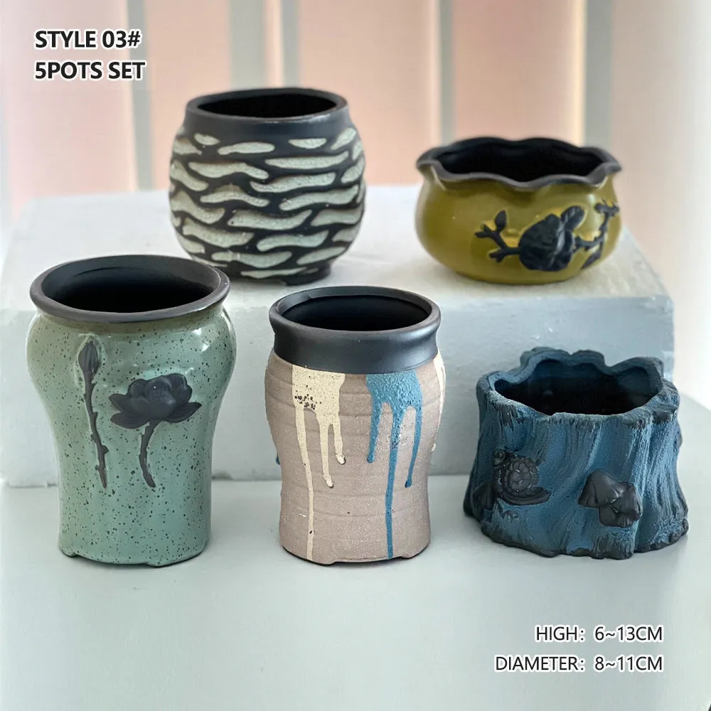 4/5/6 Pots Set Ceramic Clay Pottery Pots | Succulent Flower Planter, Draining Hole (Style 03# 5 Pots Set)