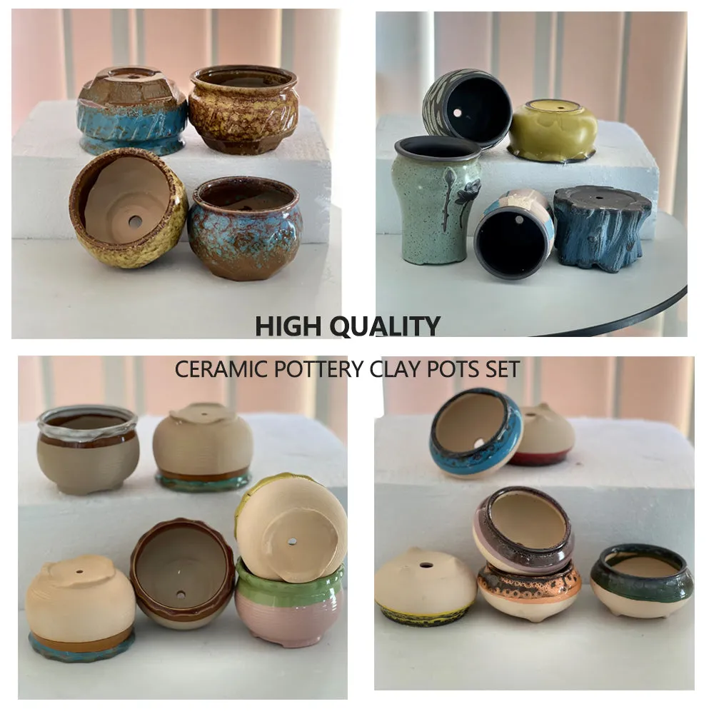 4/5/6 Pots Set Ceramic Clay Pottery Pots | Succulent Flower Planter, Draining Hole (Style 03# 5 Pots Set)