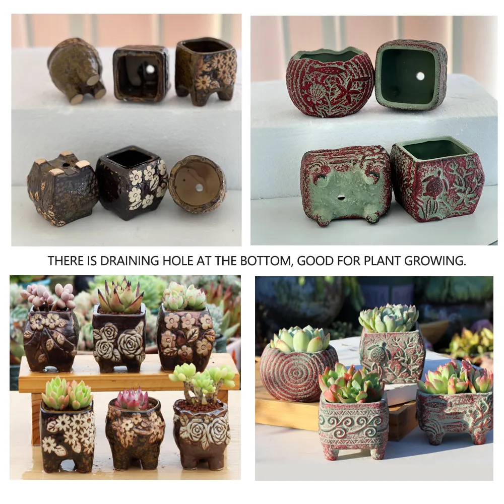 4/5/6 Pots Set Ceramic Clay Pottery Pots | Succulent Flower Planter, Draining Hole (Style 03# 5 Pots Set)