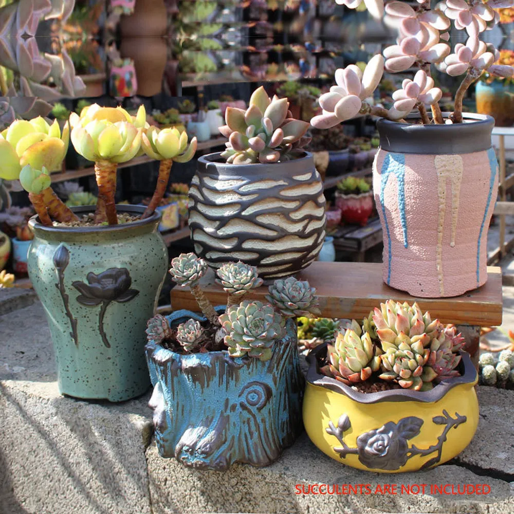 4/5/6 Pots Set Ceramic Clay Pottery Pots | Succulent Flower Planter, Draining Hole (Style 03# 5 Pots Set)
