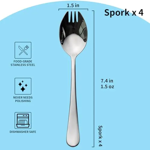 Alata Sporks, 4-Pack Food-grade Stainless Steel Sporks, 7.4 Inches Long Handle Salad Forks For Dessert, Ice Cream, Salad, Soup, Noodle, Spaghetti, Dishwasher Safe