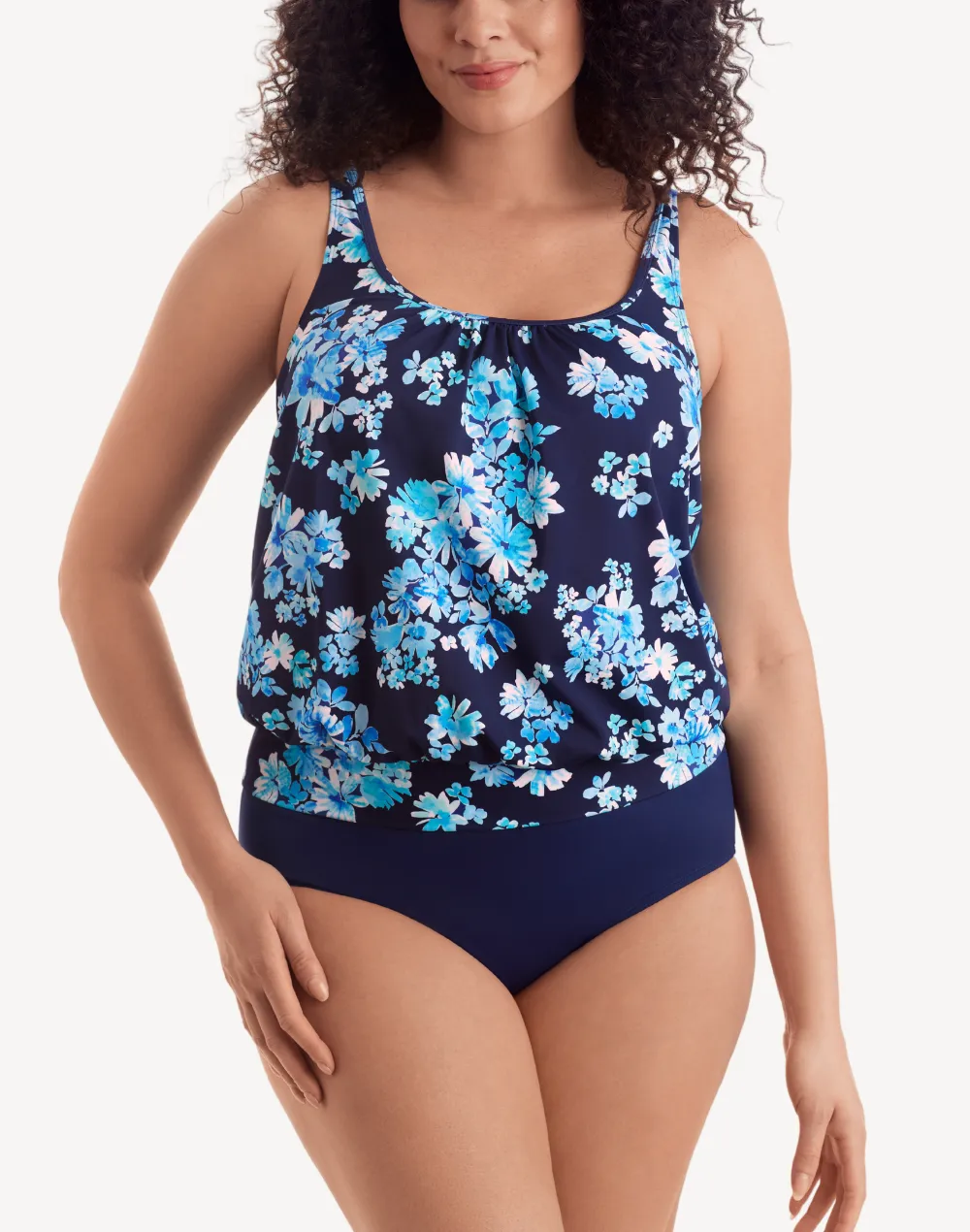 Fancy Flamingo Shirred Neck Blouson Tankini Top