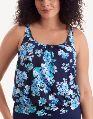 Fancy Flamingo Shirred Neck Blouson Tankini Top