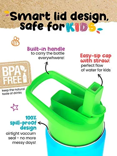 Kids Water Bottle - 12oz Purple | Leak Proof With Straw & Handle | 24 Hours Cold | Insulated, Double Wall Stainless Steel | Easy Sip Toddler Cup | Child's Flask | Eco Friendly