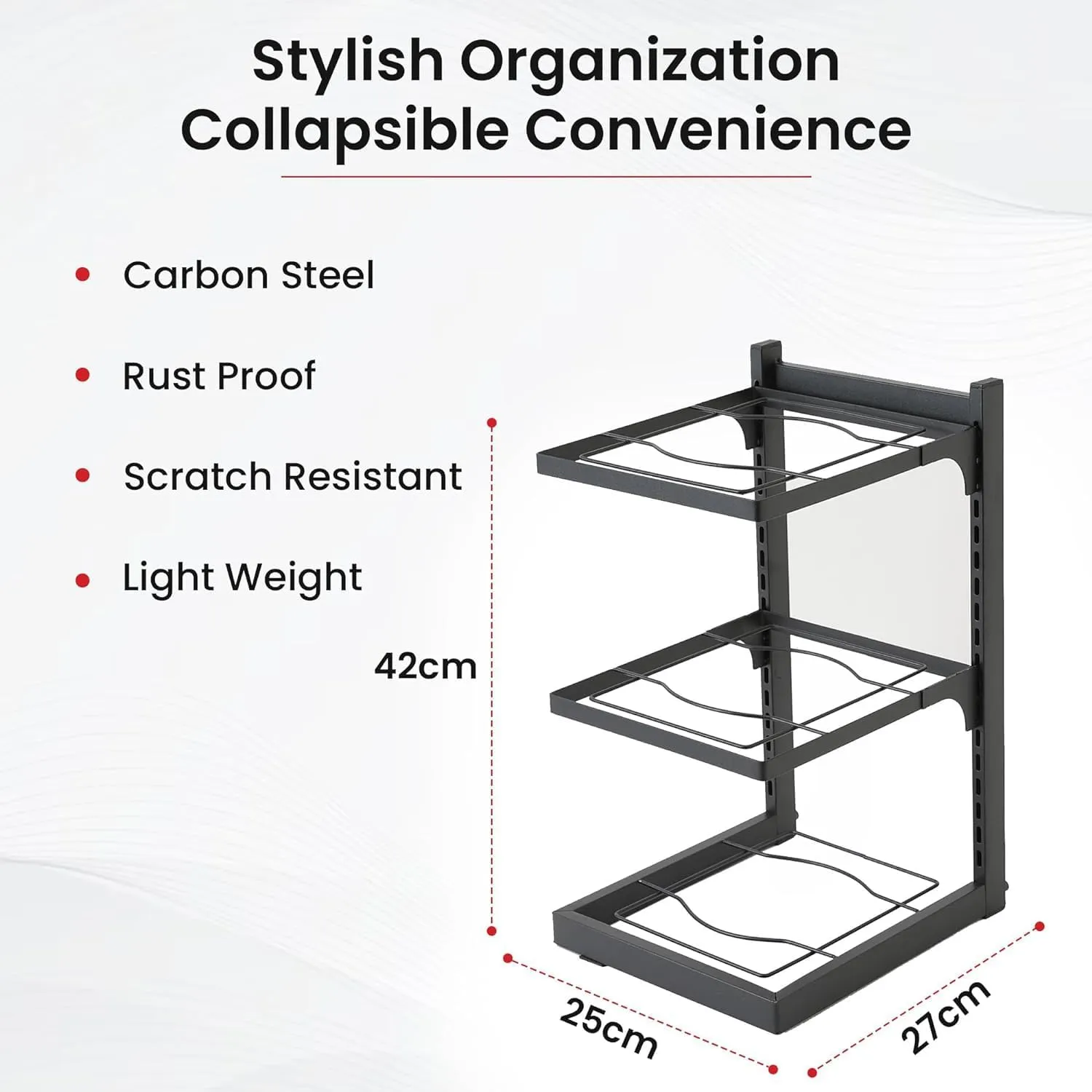 Plantex 3-Layer Pots and Pans Organiser Rack|Kitchen Organization And Storage|Adjustable Pot Lid Holder Rack|Home Kitchen Accessories (Black)