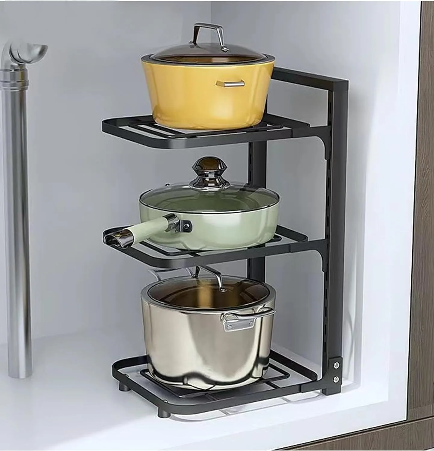 Plantex 3-Layer Pots and Pans Organiser Rack|Kitchen Organization And Storage|Adjustable Pot Lid Holder Rack|Home Kitchen Accessories (Black)