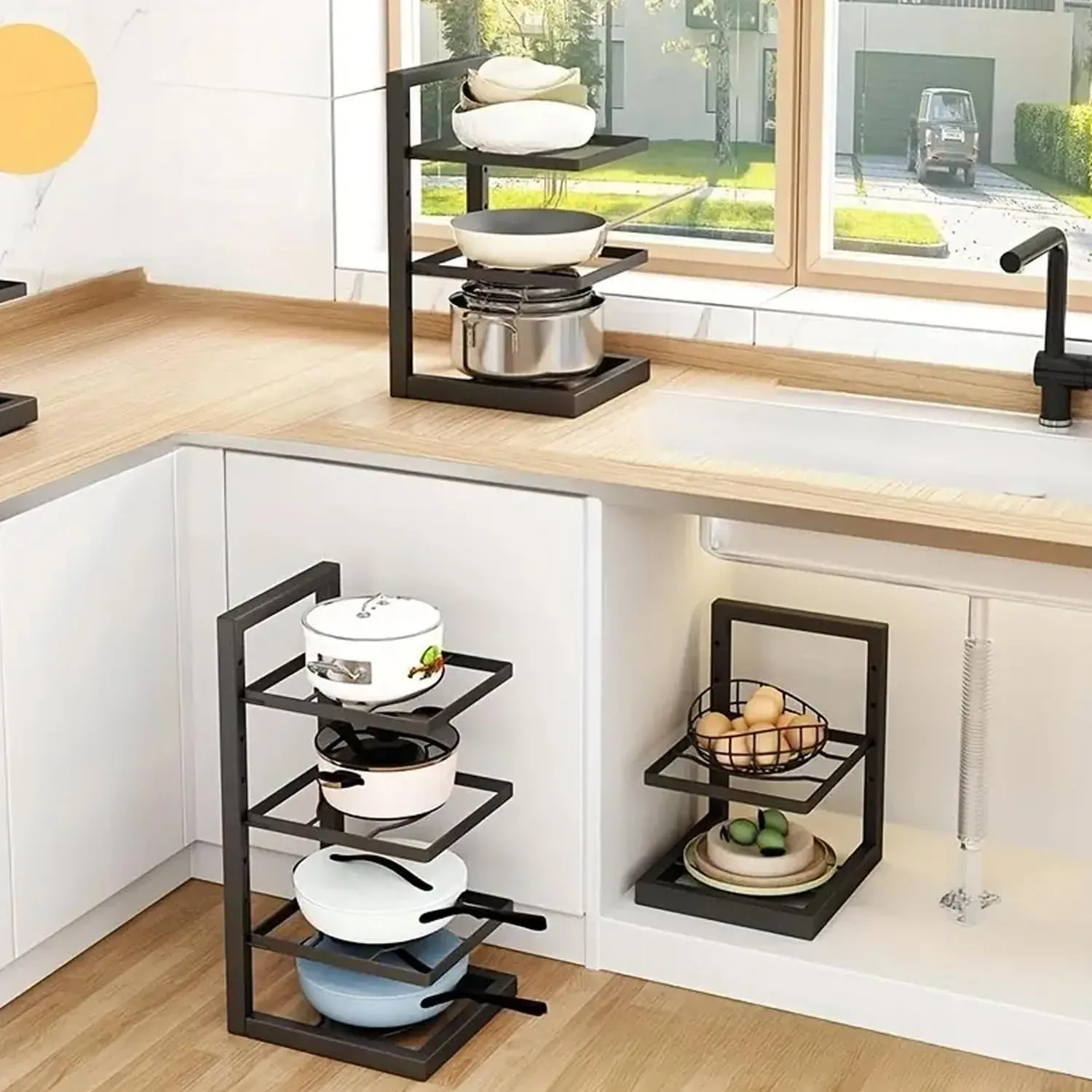 Plantex 3-Layer Pots and Pans Organiser Rack|Kitchen Organization And Storage|Adjustable Pot Lid Holder Rack|Home Kitchen Accessories (Black)