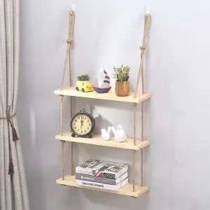 Rustic Solid Wood Rope Wall Shelf in Natural