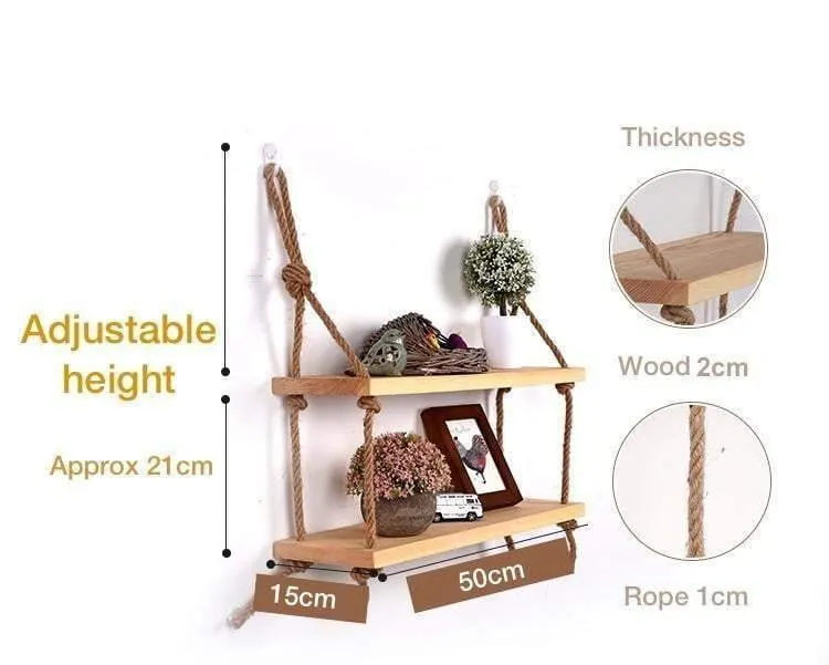 Rustic Solid Wood Rope Wall Shelf in Natural