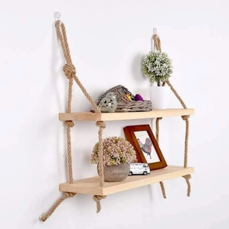 Rustic Solid Wood Rope Wall Shelf in Natural
