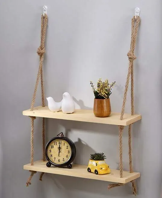 Rustic Solid Wood Rope Wall Shelf in Natural