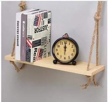 Rustic Solid Wood Rope Wall Shelf in Natural